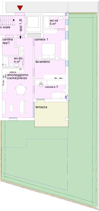 Grundriss mit Wohnräumen und Garten