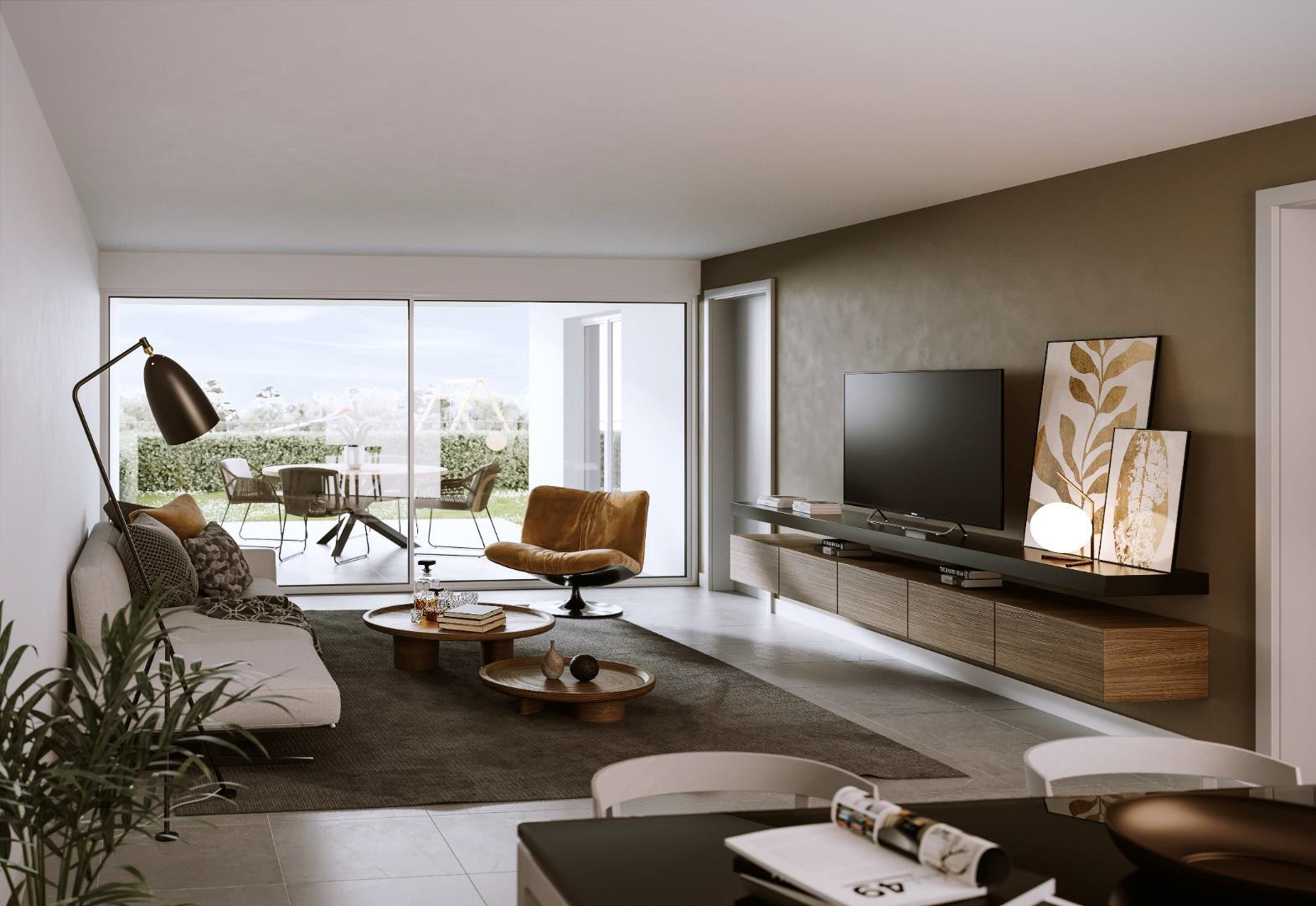 Modernes Wohnzimmer mit Blick in den Garten