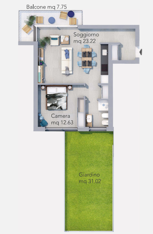 Grundriss mit Balkon, Wohnzimmer, Schlafzimmer und Garten