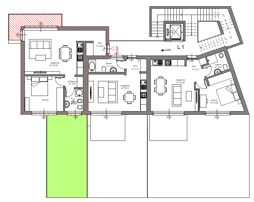 Grundriss einer Wohnung mit mehreren Zimmern und Balkon