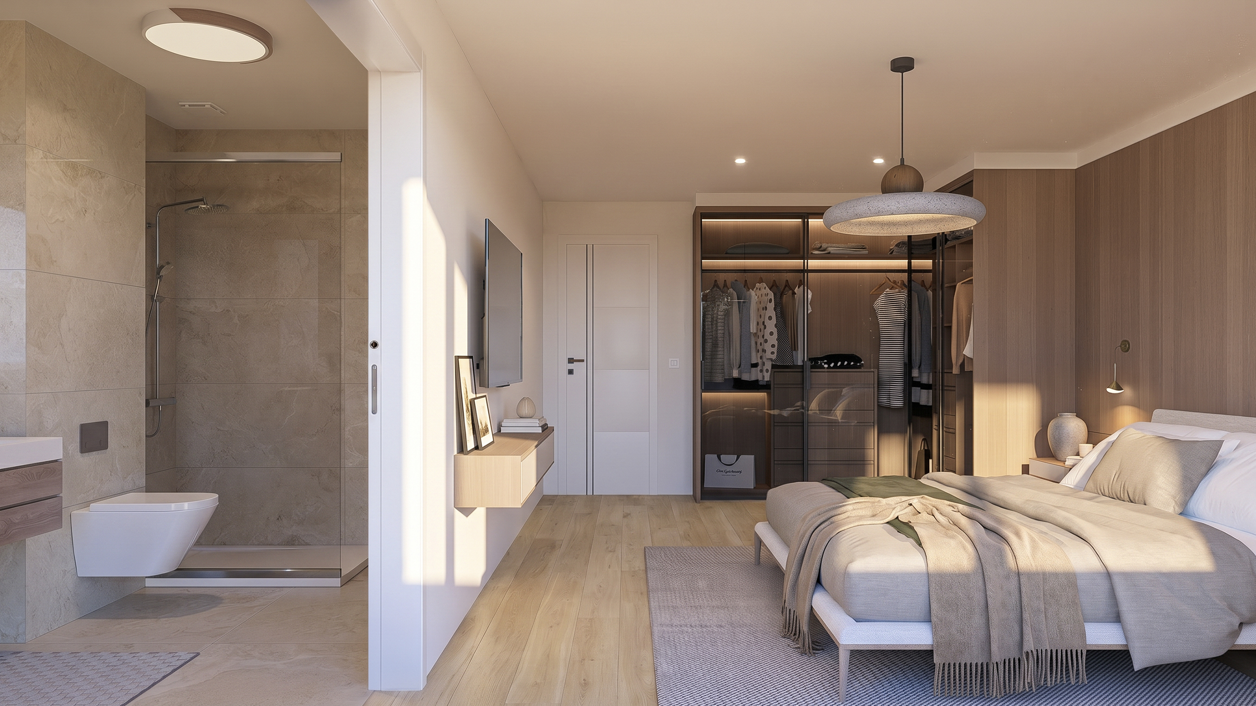 Schlafzimmer mit Bad en suite und begehbarem Kleiderschrank