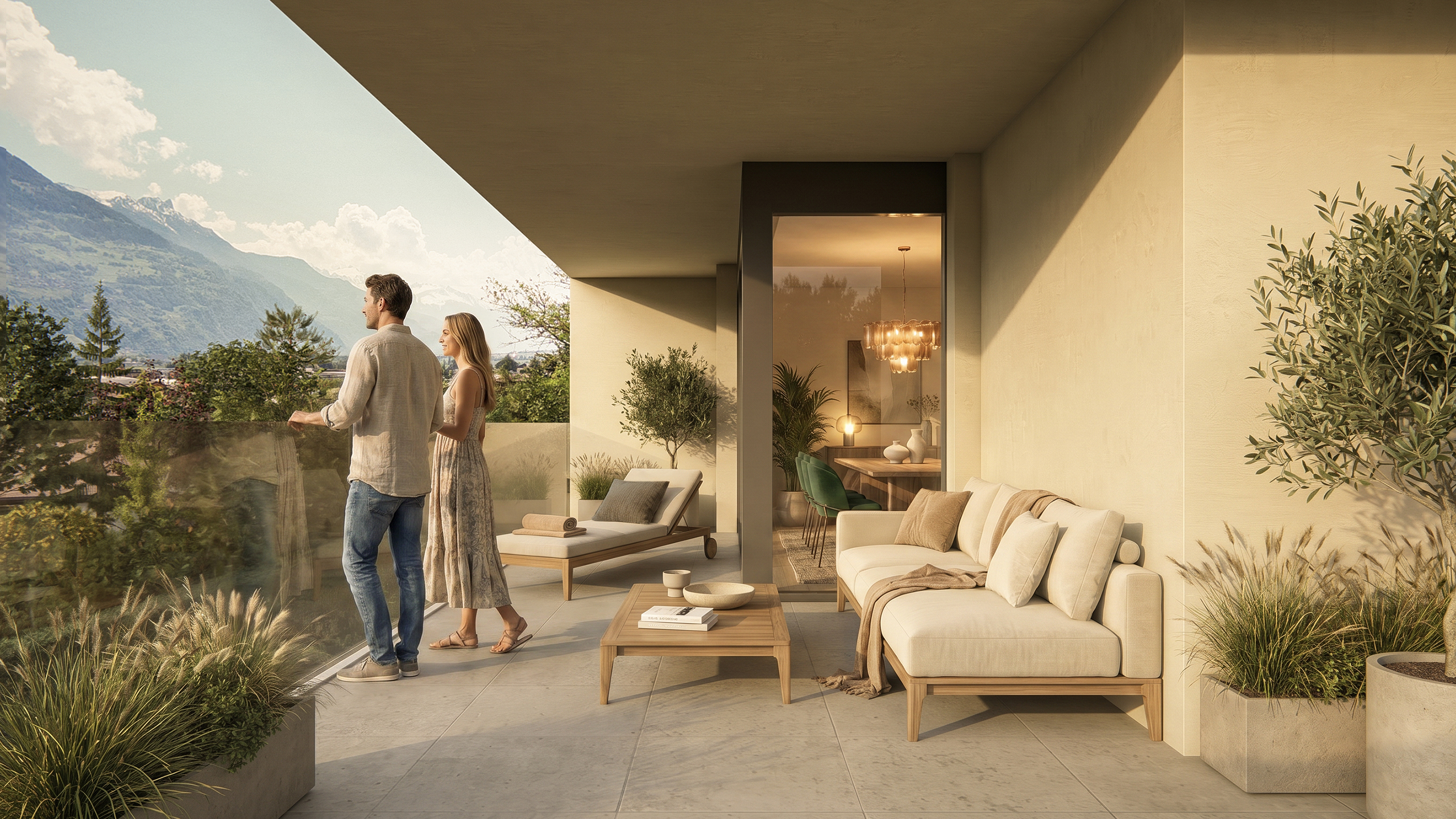 Überdachte Luxus-Terrasse mit Bergblick