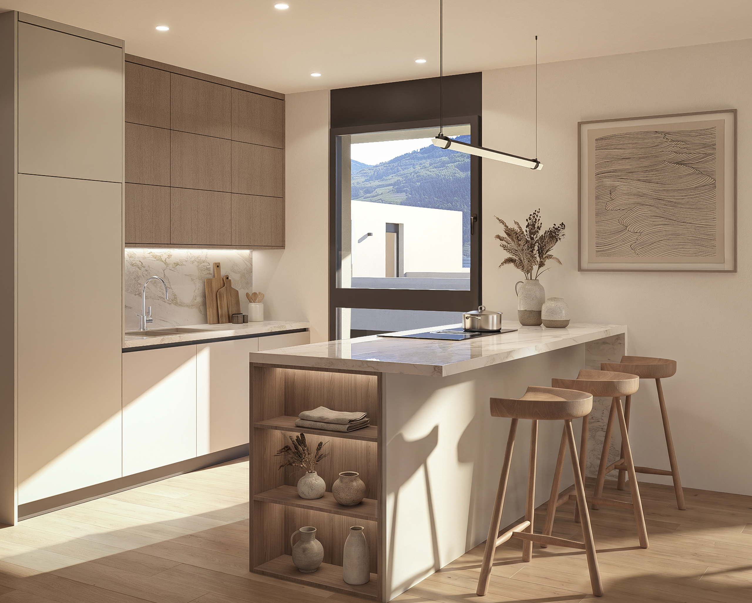 Moderne Küche mit Kochinsel und Bergblick