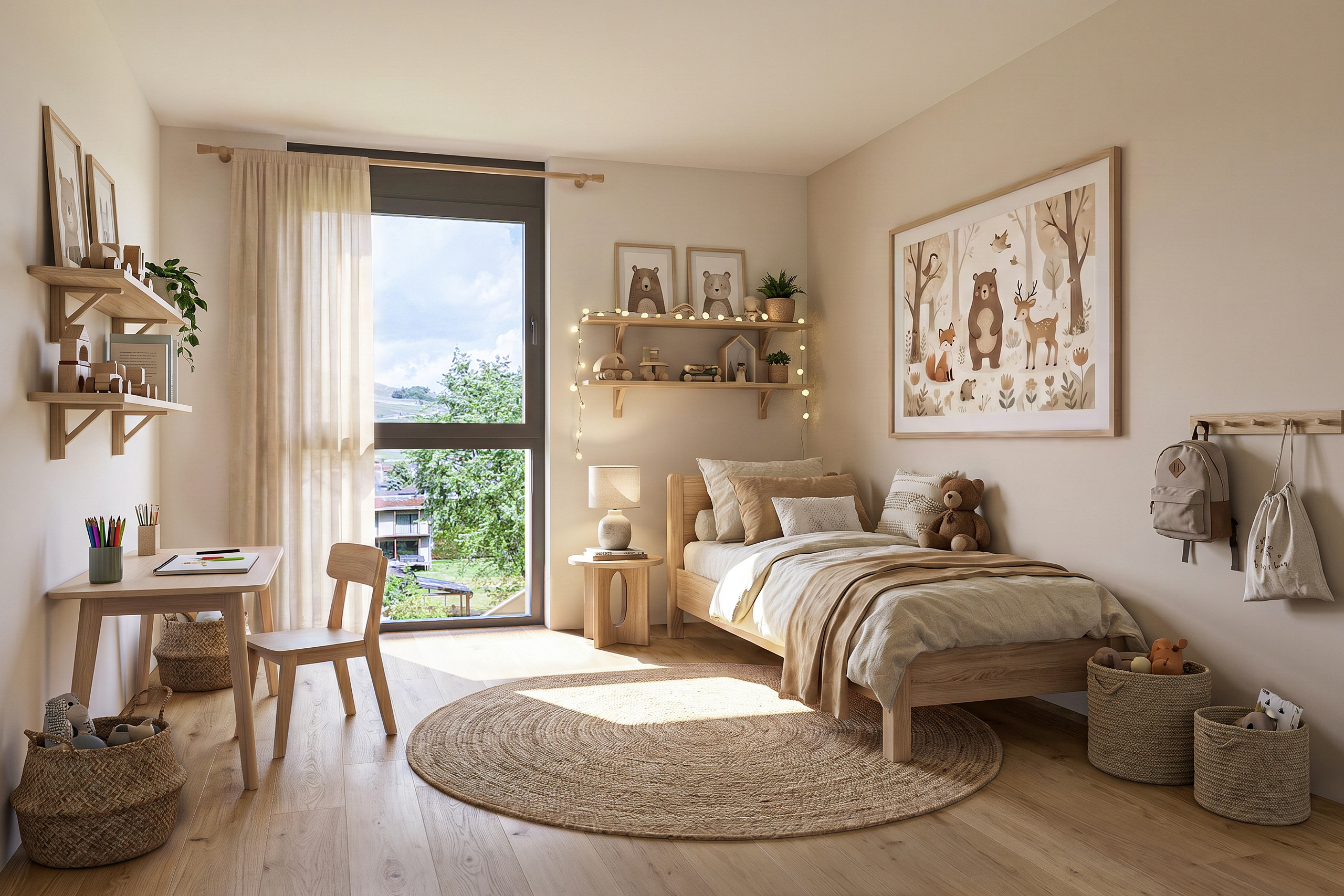 Kinderzimmer mit Naturholz-Möbeln