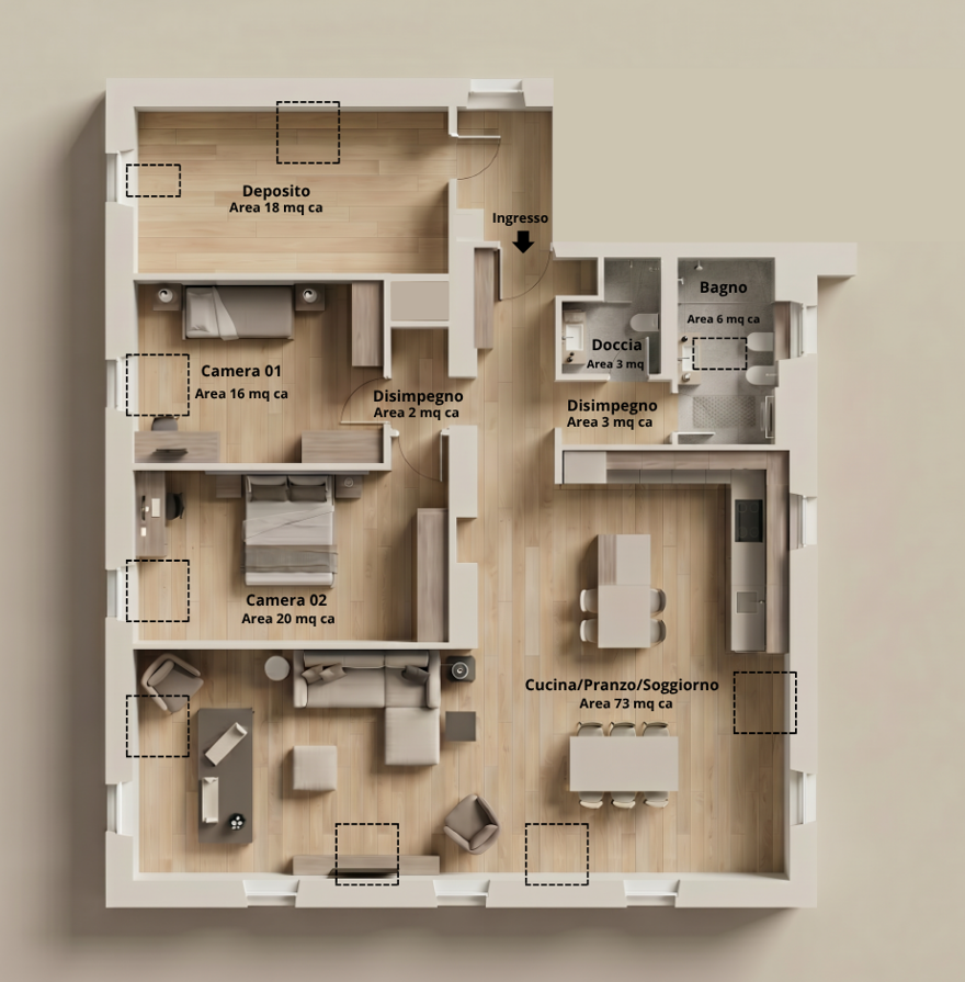 Grundriss einer großzügigen Wohnung mit zwei Schlafzimmern, Bad, Dusche, Abstellraum und offenem Wohnbereich
