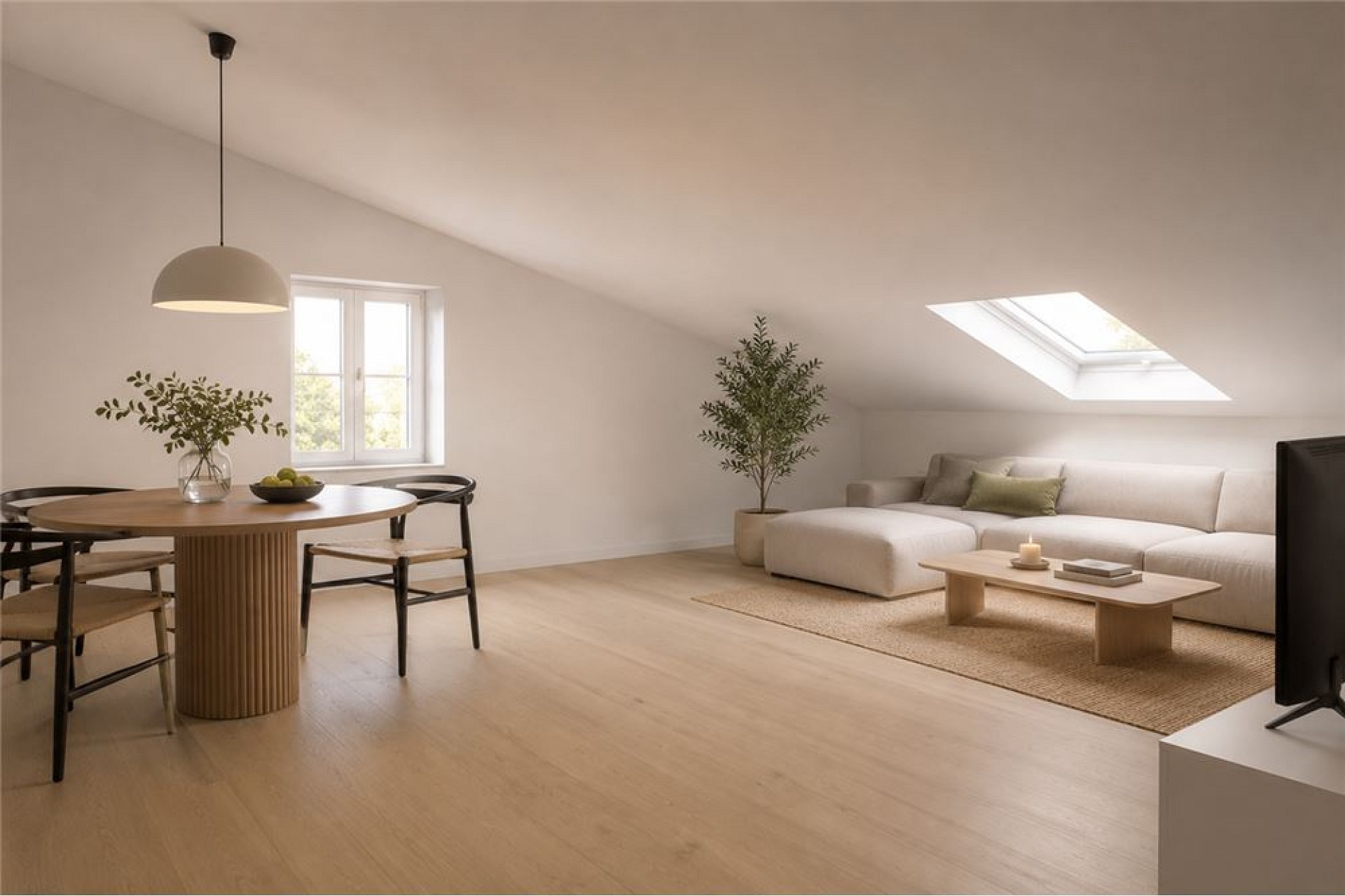 Heller Dachgeschoss-Wohnraum mit Essbereich und Sofa