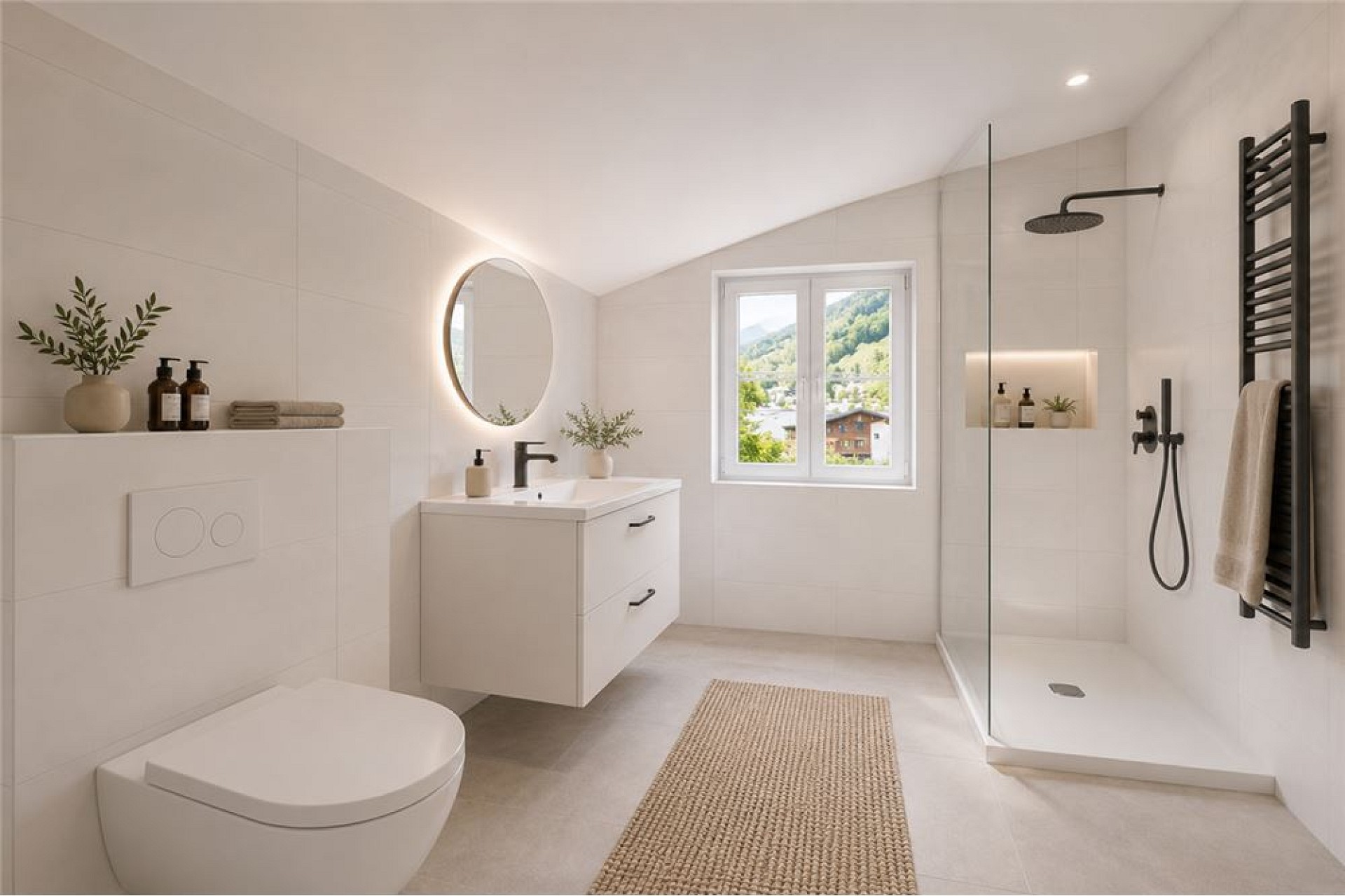 Modernes helles Badezimmer mit Dusche und Dachfenster