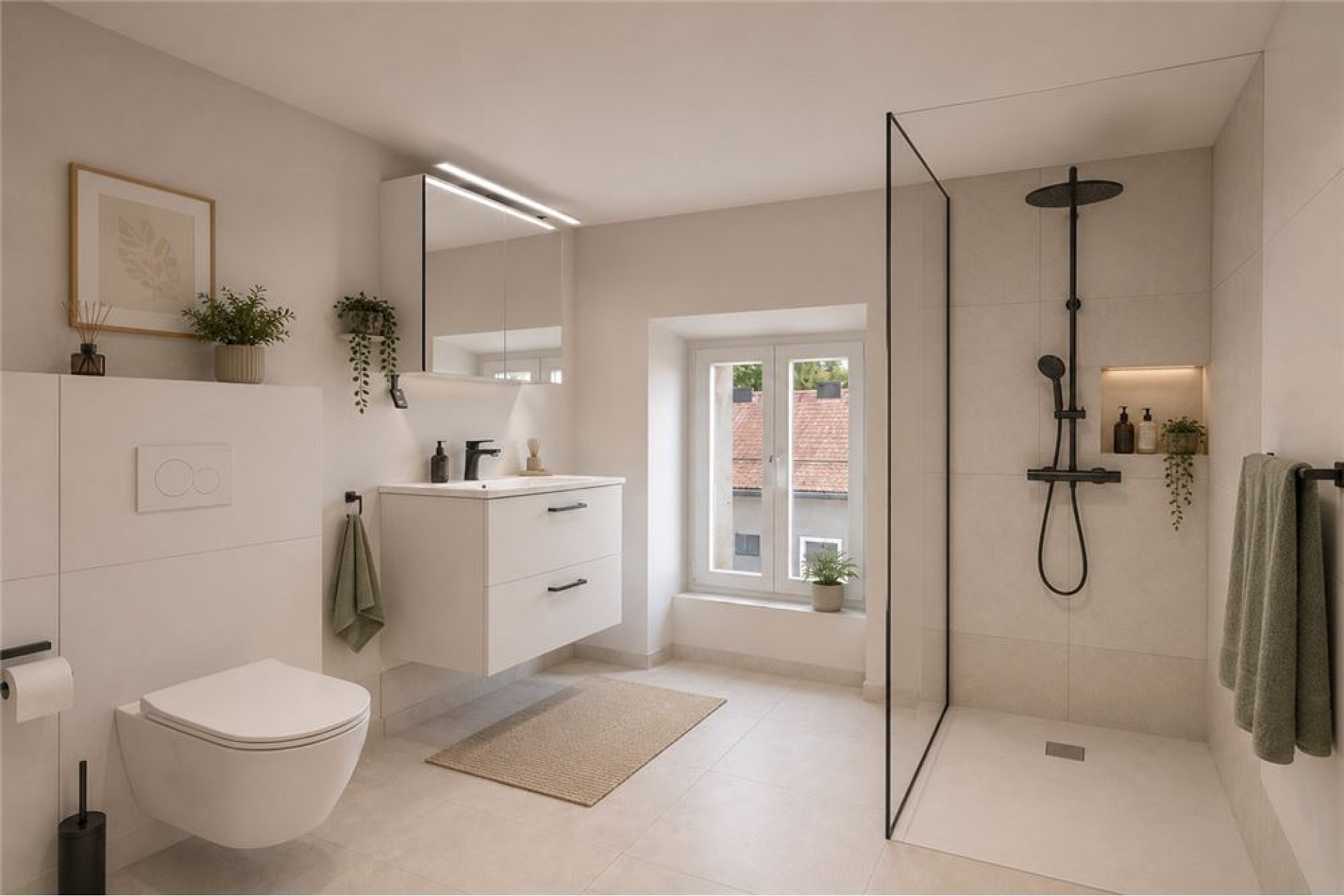 Modernes, helles Badezimmer mit Walk-in-Dusche