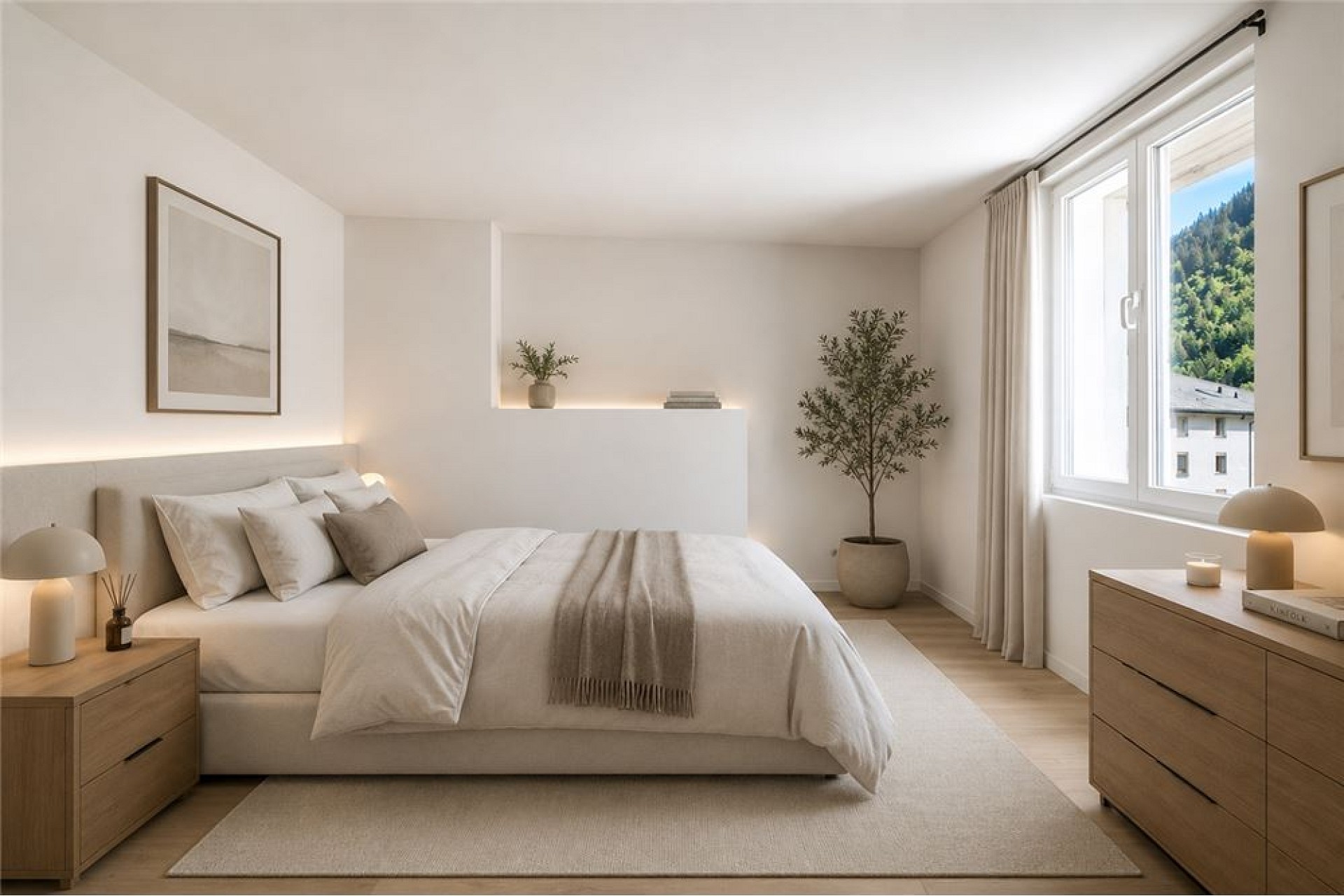 Helles, minimalistisch eingerichtetes Schlafzimmer