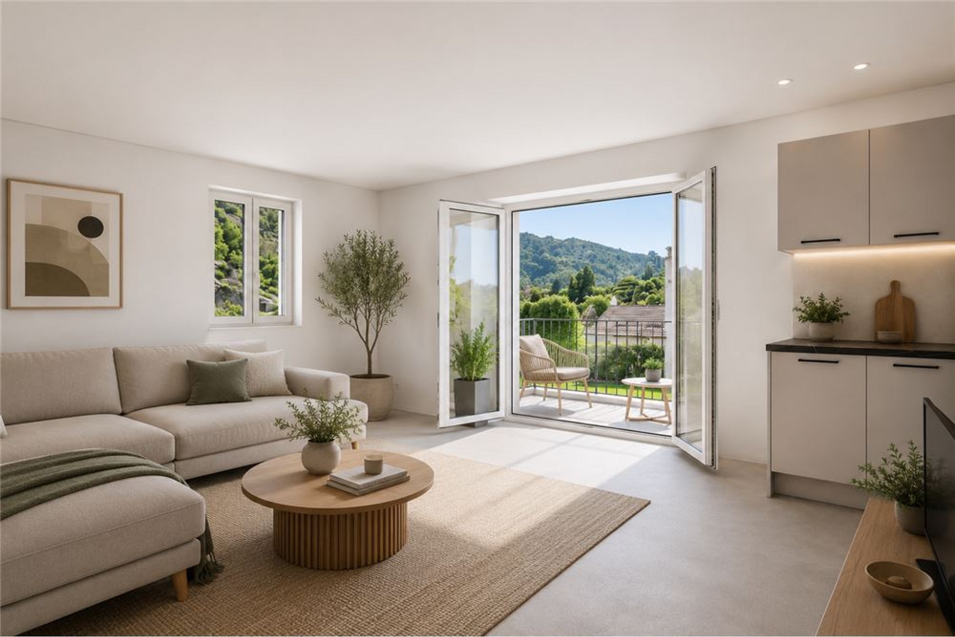 Helles, modern eingerichtetes Wohnzimmer mit Balkonblick