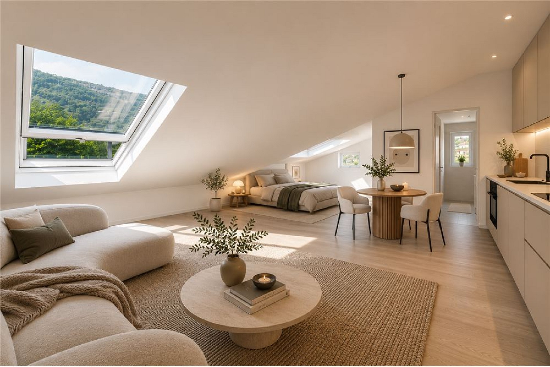 Helles Dachgeschoss-Wohnzimmer mit offener Küche und Blick ins Grüne