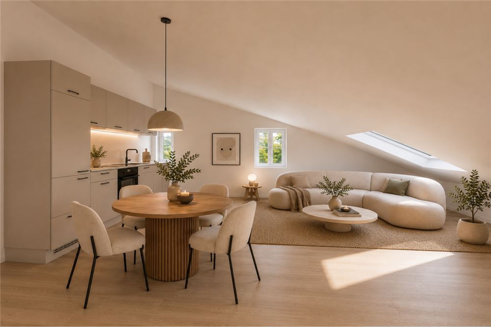 Helles Dachgeschoss-Wohn- und Esszimmer mit offener Küche