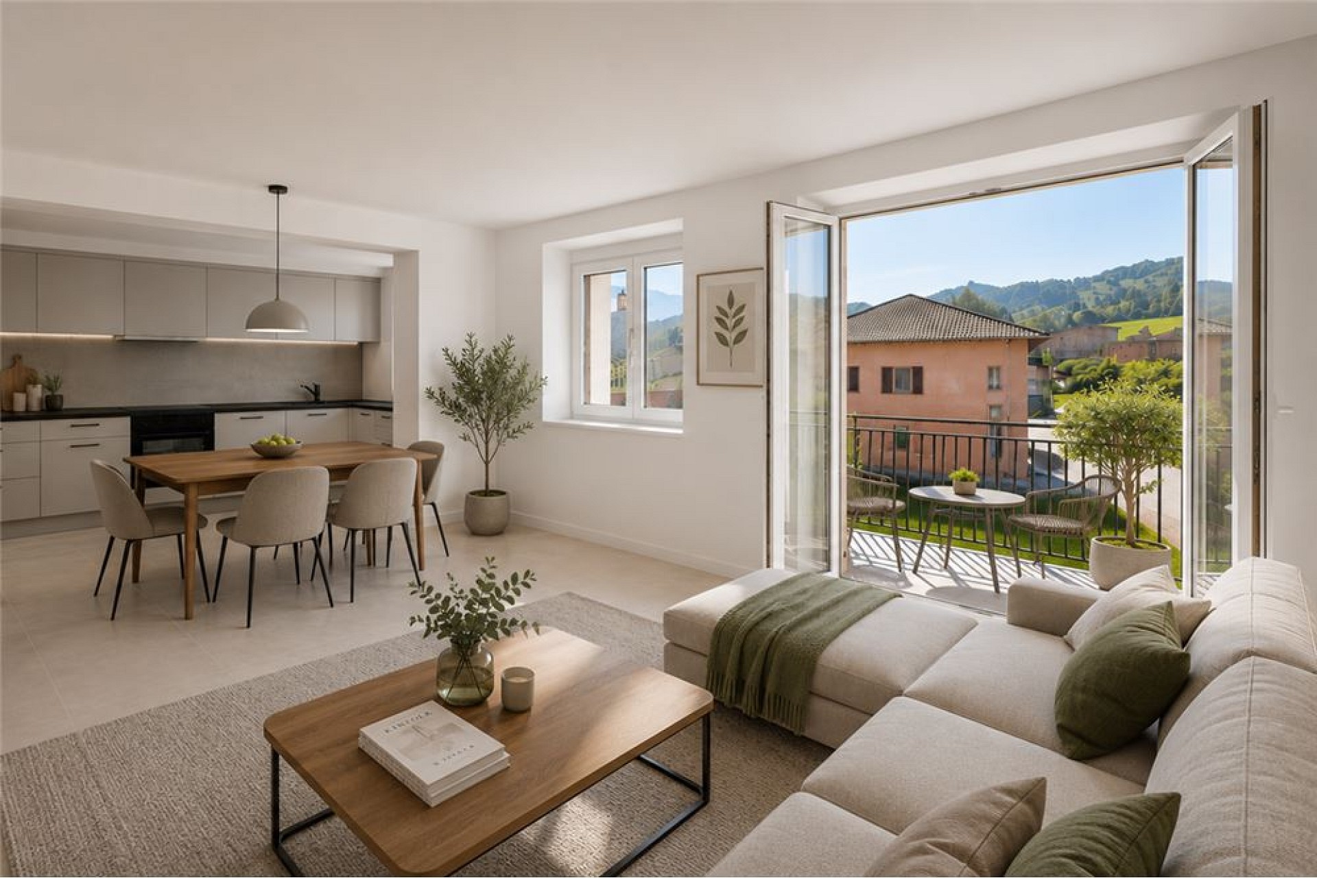 Offener Wohn-Essbereich mit Balkon und Bergblick