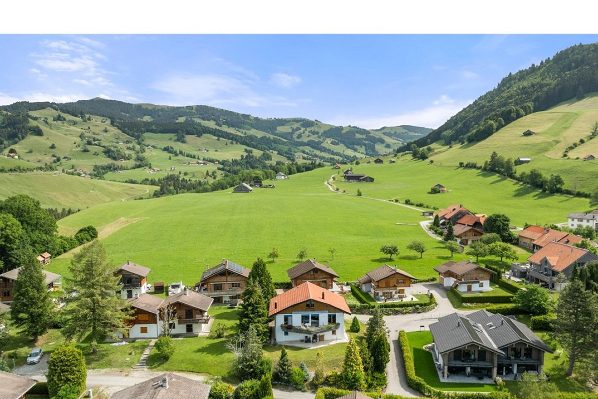 Ländliche Alpenlandschaft mit Wohnhäusern