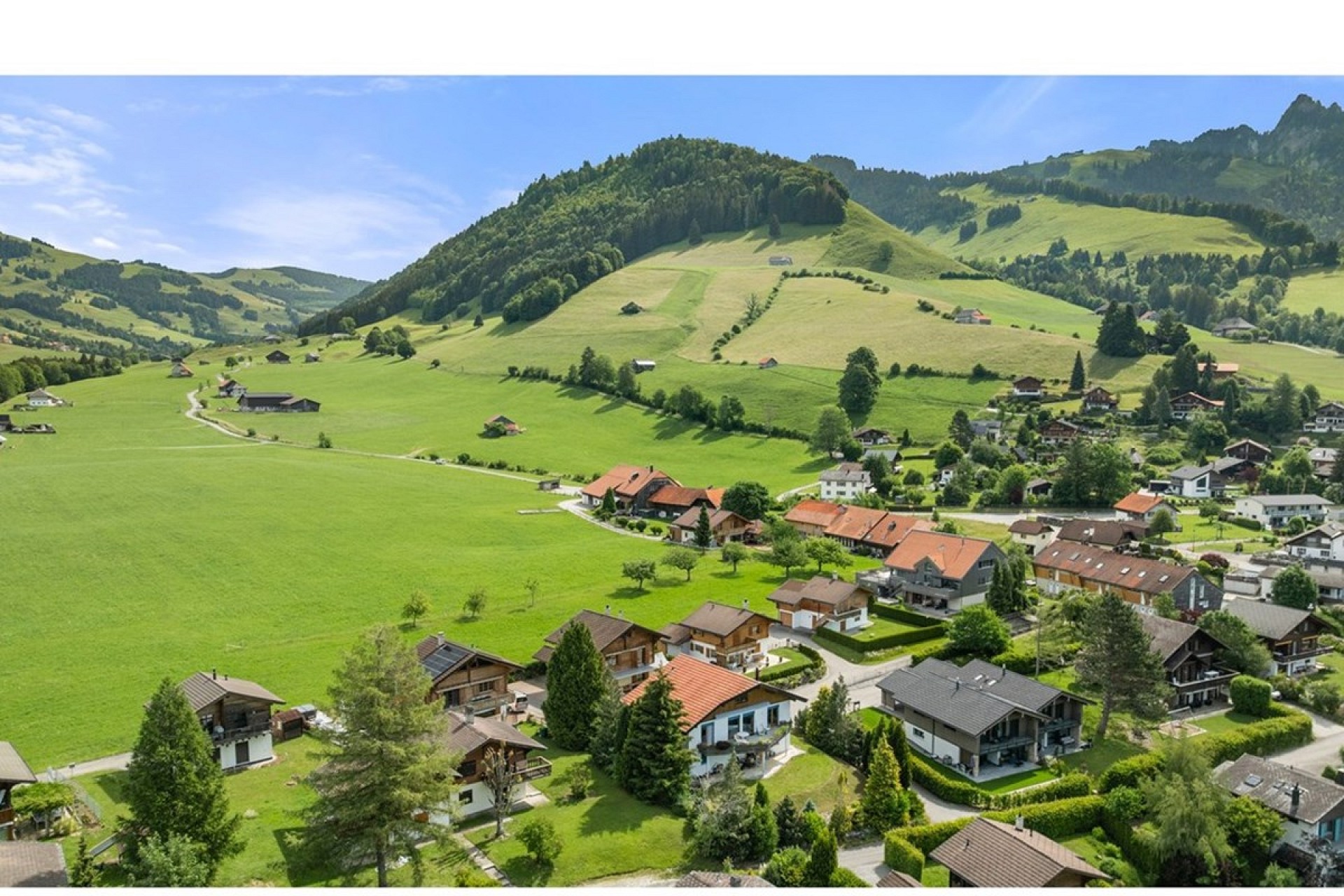 Luftaufnahme eines grünen Alpentals mit Siedlung