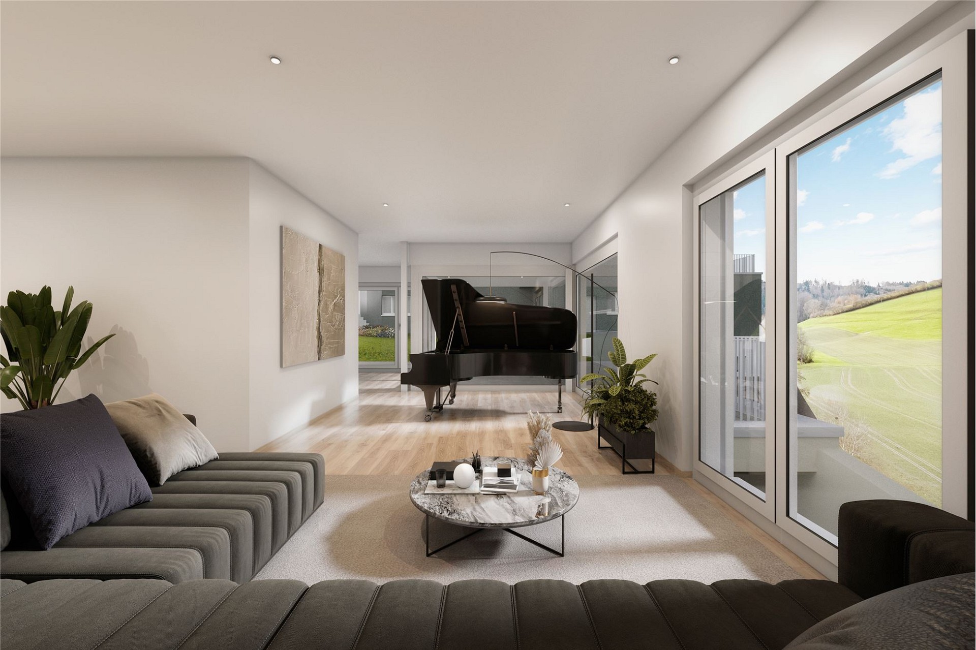 Helles modernes Wohnzimmer mit Klavier und Panoramafenstern