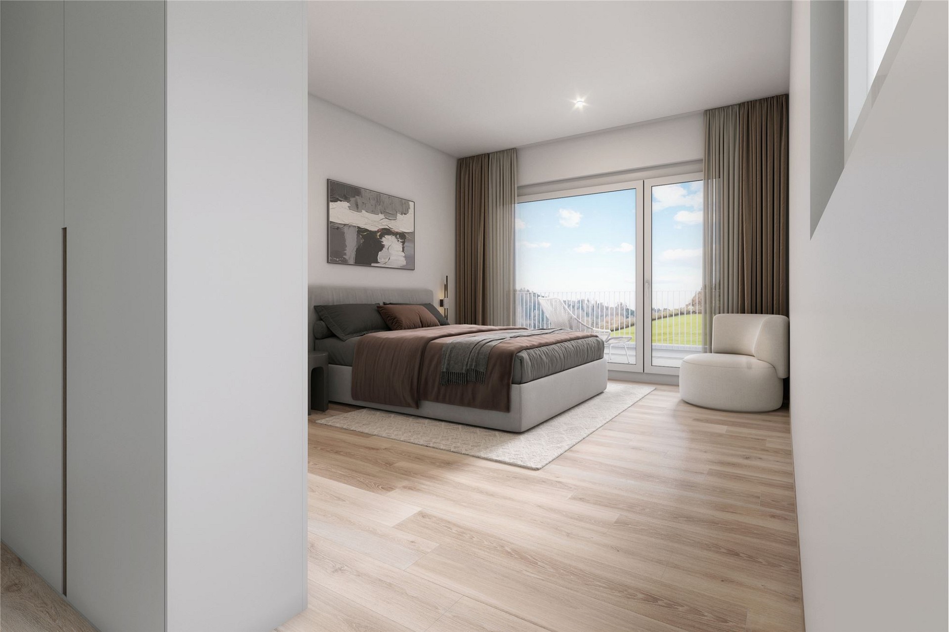 Helles, modernes Schlafzimmer mit Balkonblick