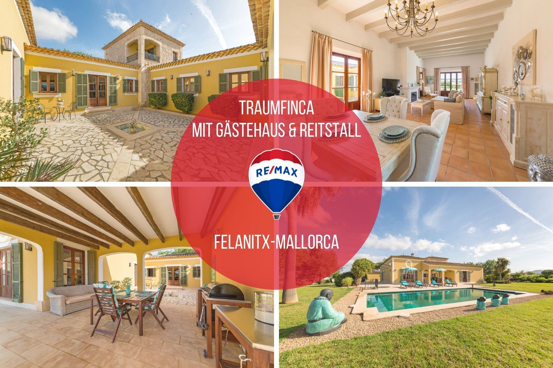 Mediterranes Anwesen mit Innenhof, Wohnraum, Terrasse und Pool