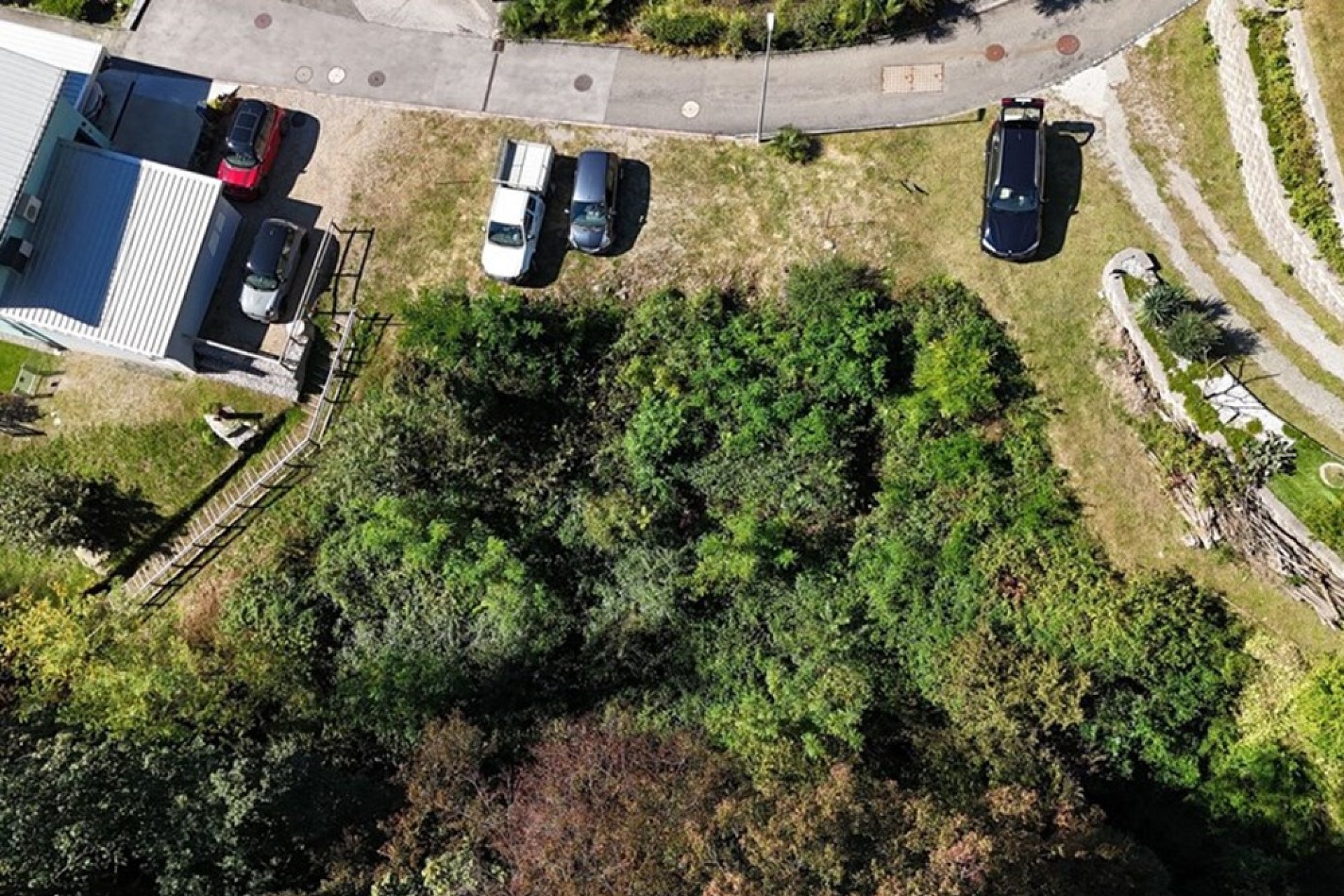Luftaufnahme eines Grundstücks mit Zufahrt und Vegetation