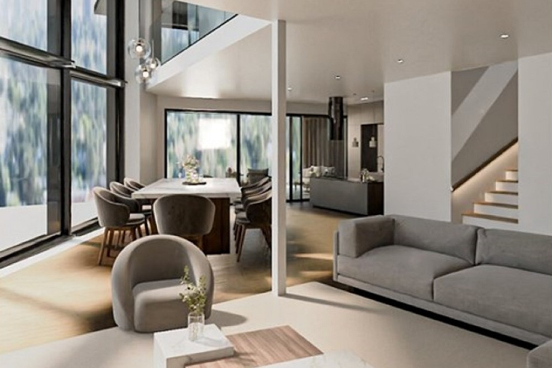 Modernes offenes Wohn-Esszimmer mit Galerie