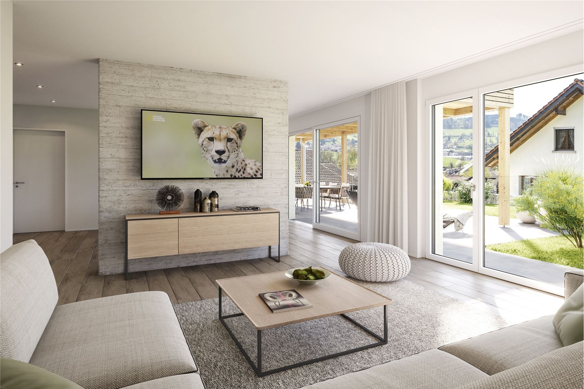 Helles, modernes Wohnzimmer mit Terrasse und Gartenblick