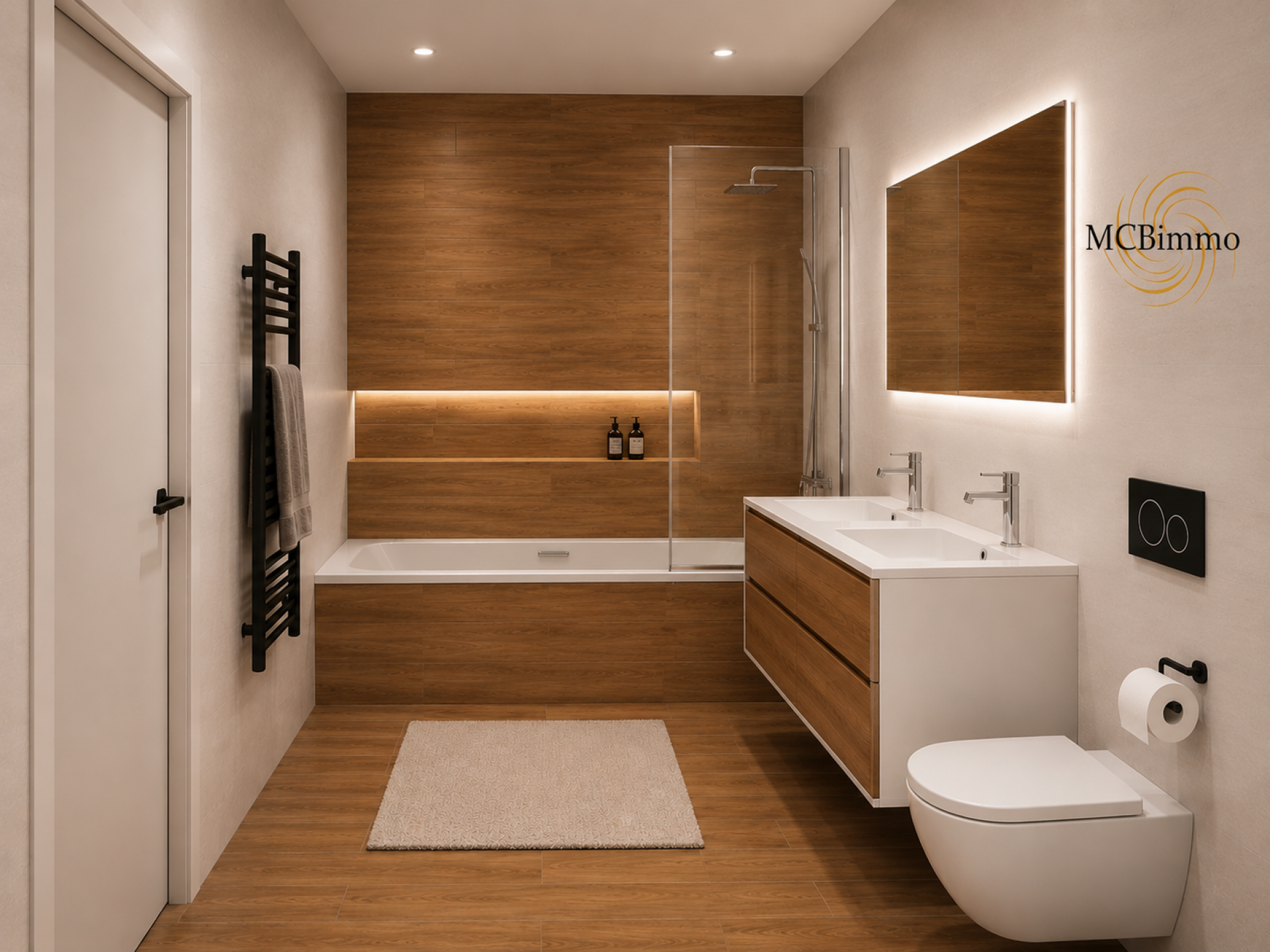 Modernes Bad mit Holzoptik und Doppelwaschbecken