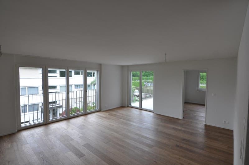 Heller leerer Wohnraum mit Balkon und großen Fenstern