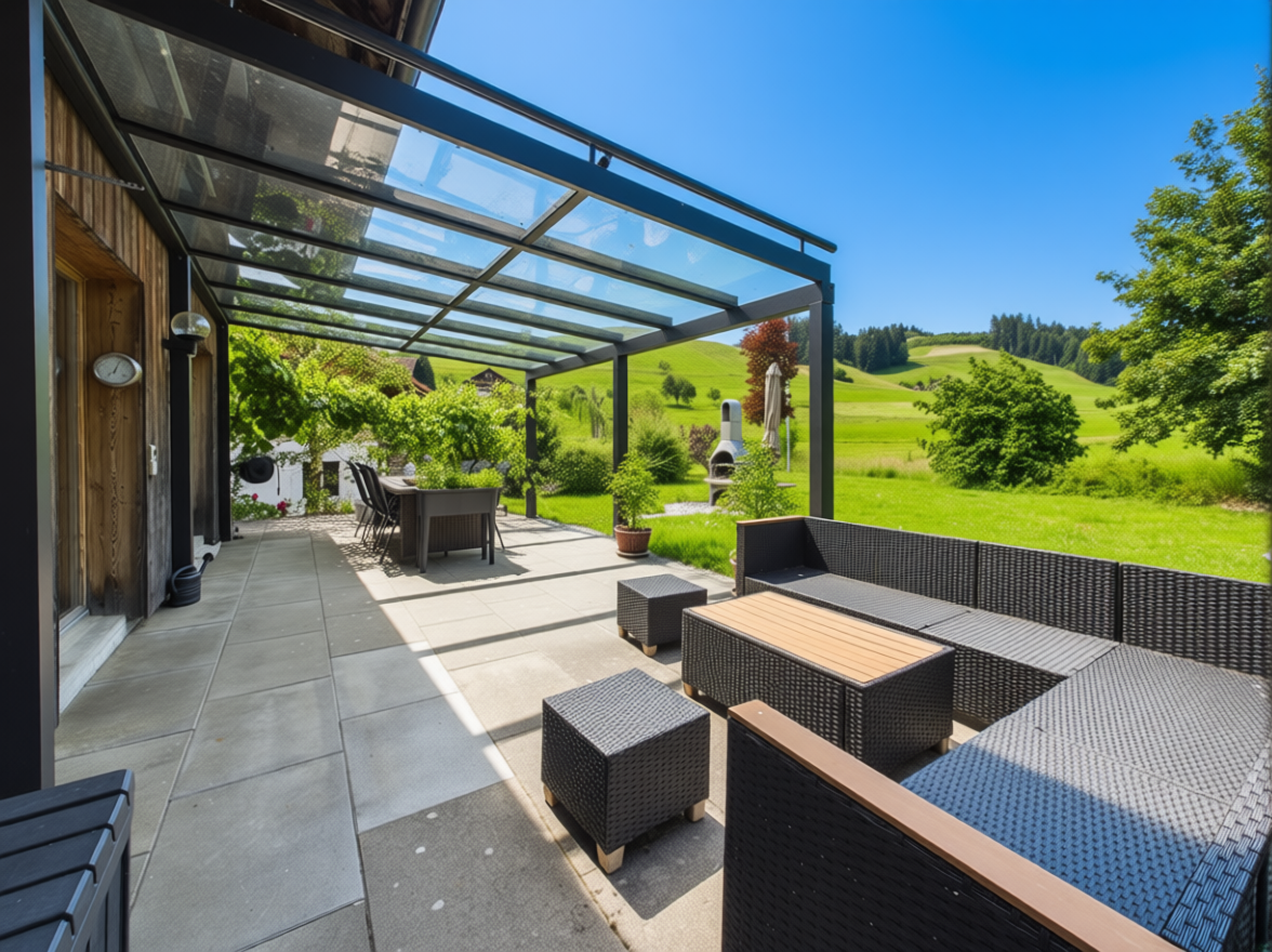 Überdachte Terrasse mit Gartenblick