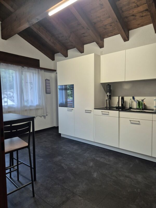 Moderne Küche mit dunkler Decke und hellen Fronten