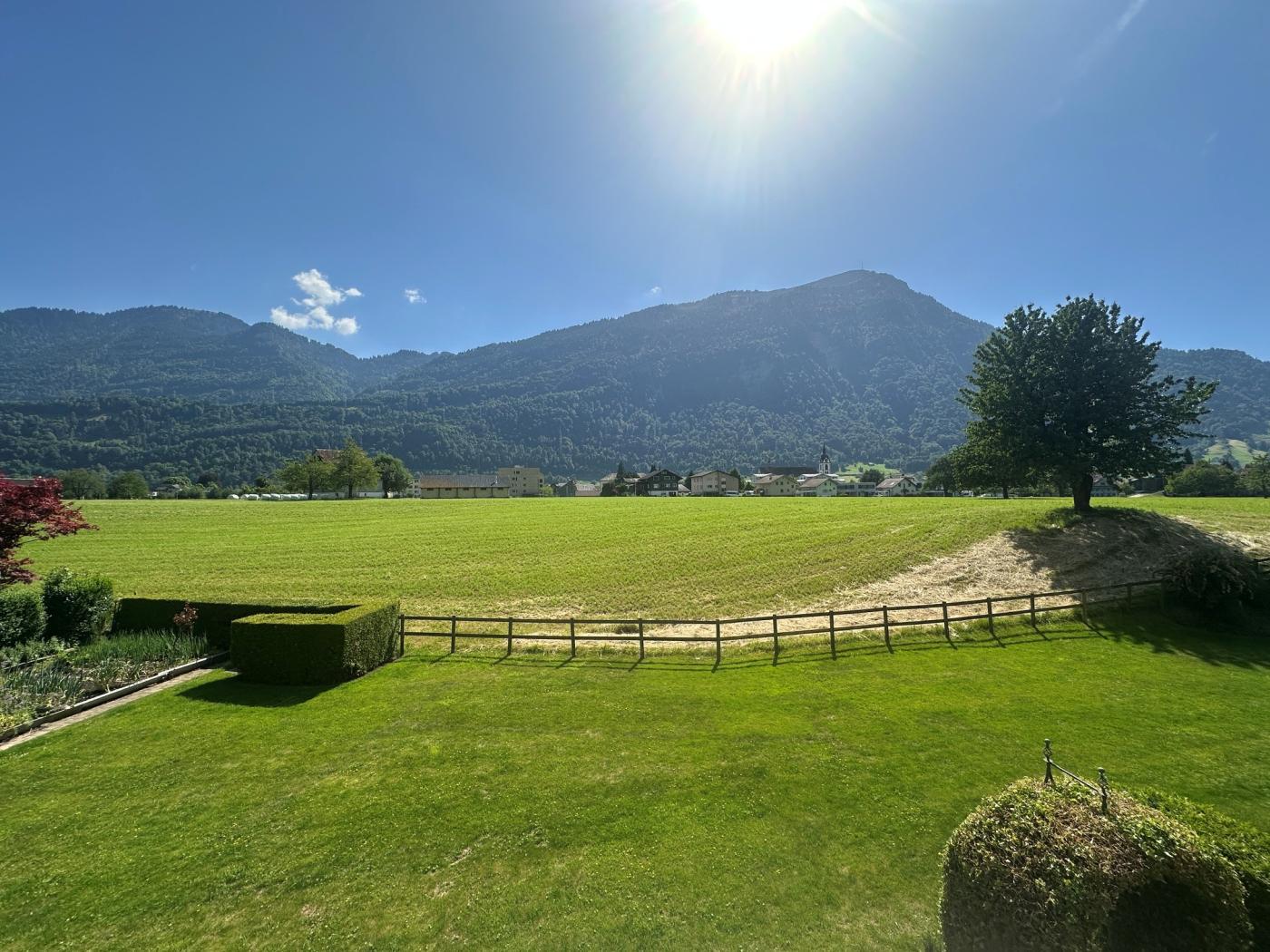 Blick auf Garten und Bergpanorama