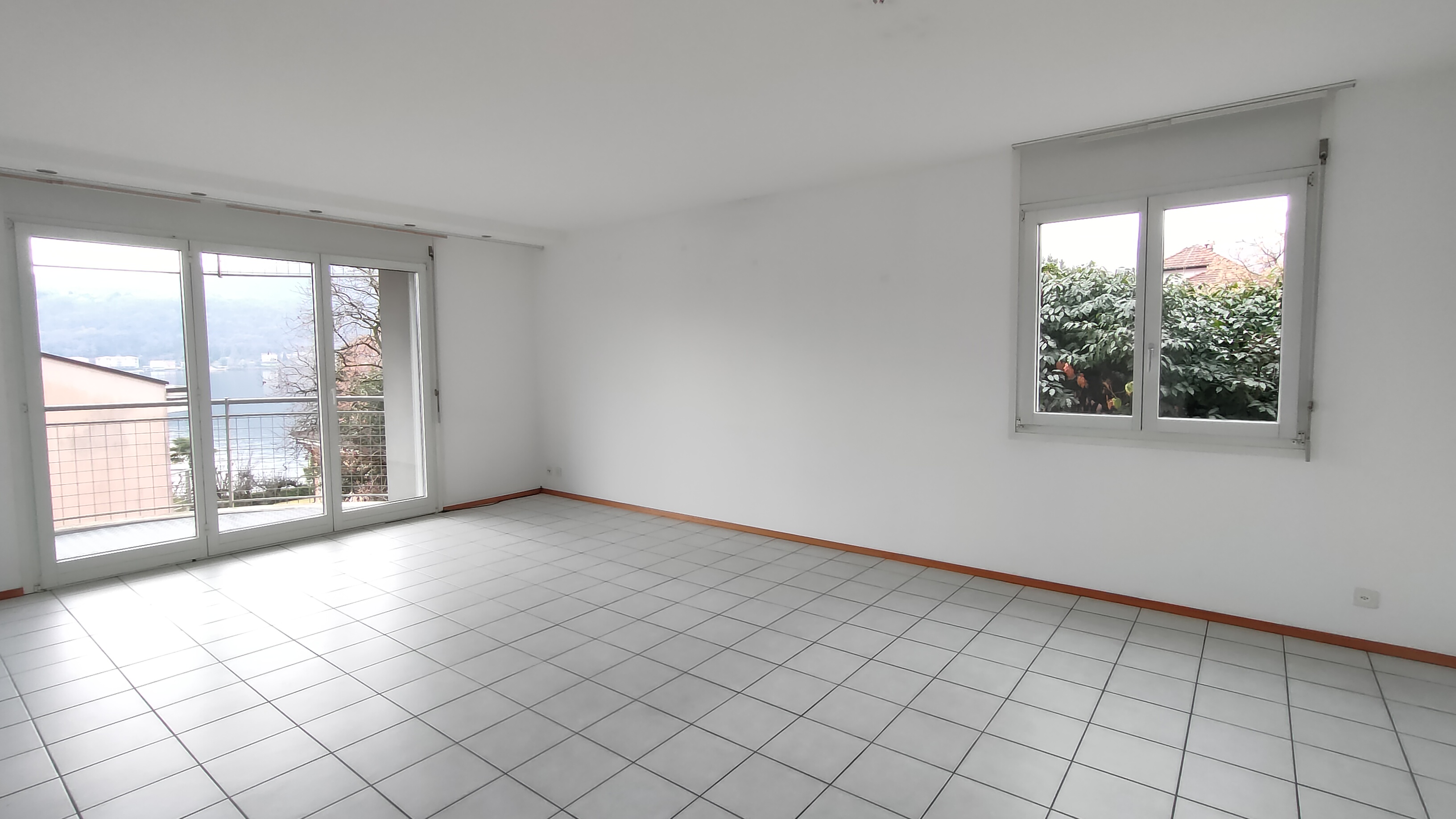 Leerer Wohnraum mit Balkon- und Gartenblick