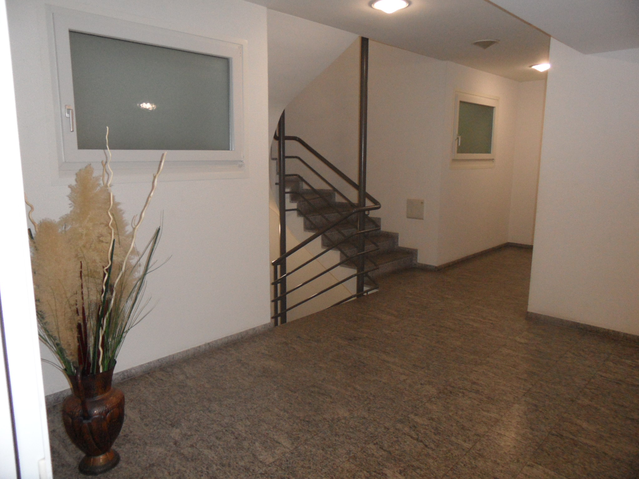 Treppenhaus mit Flur und dekorativem Blumengefäß