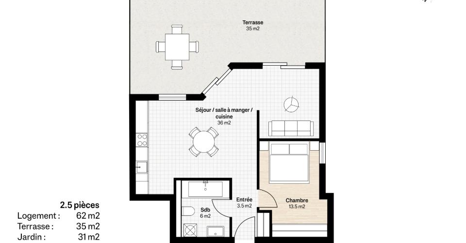 Grundriss einer 2,5-Zimmer-Wohnung mit Terrasse und Garten
