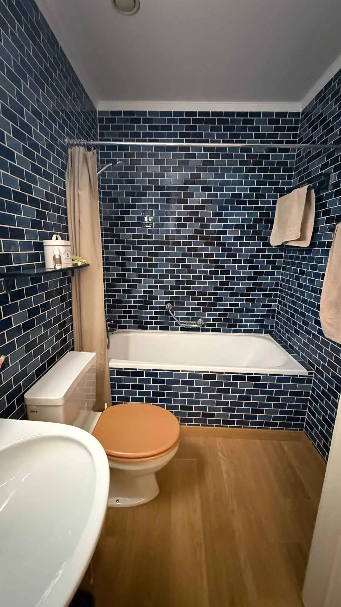 Badezimmer mit dunkelblauen Fliesen