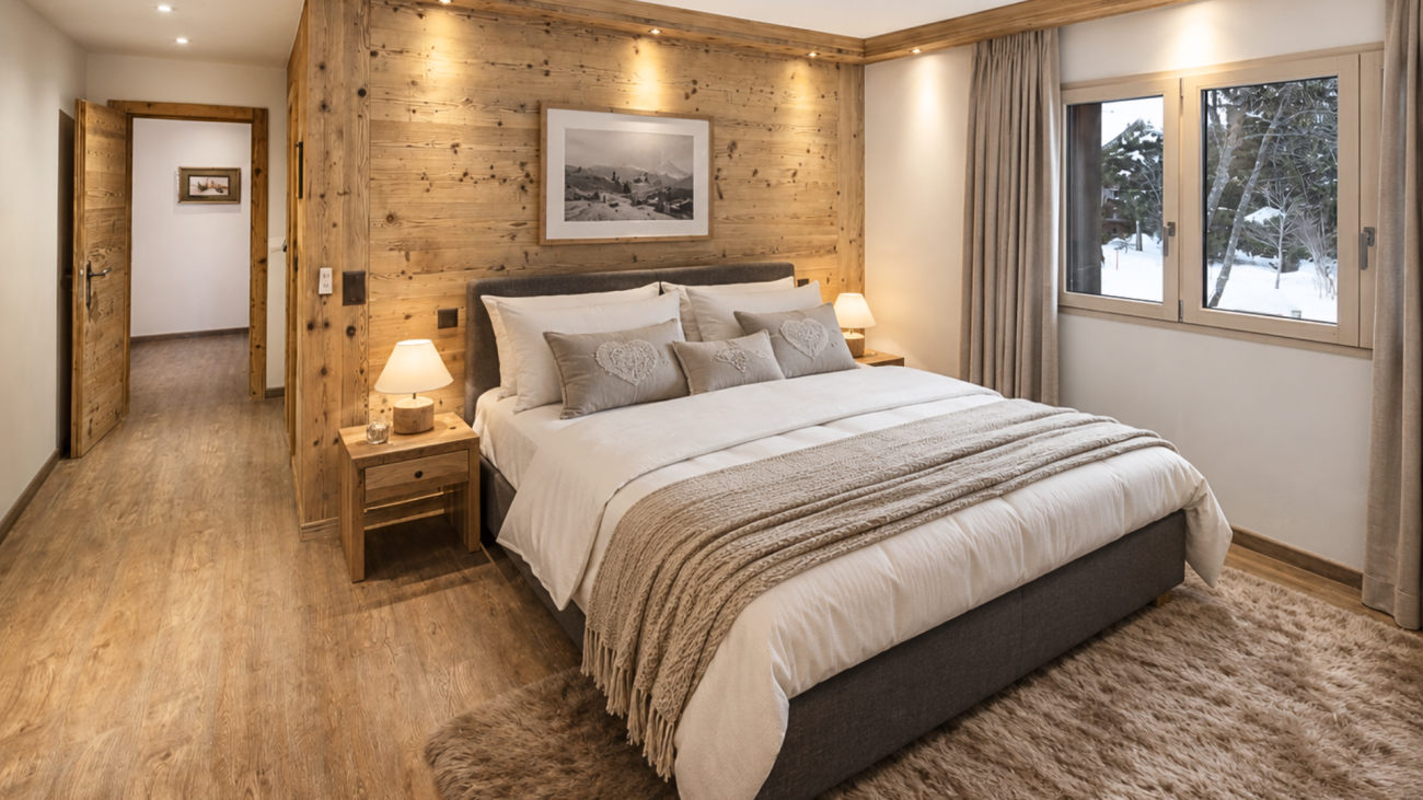 Gemütliches Schlafzimmer mit Holzakzentwand