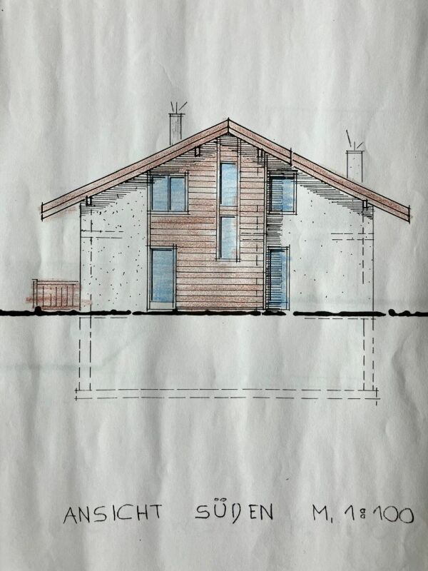 Südansicht eines Satteldachhauses als Architekturskizze