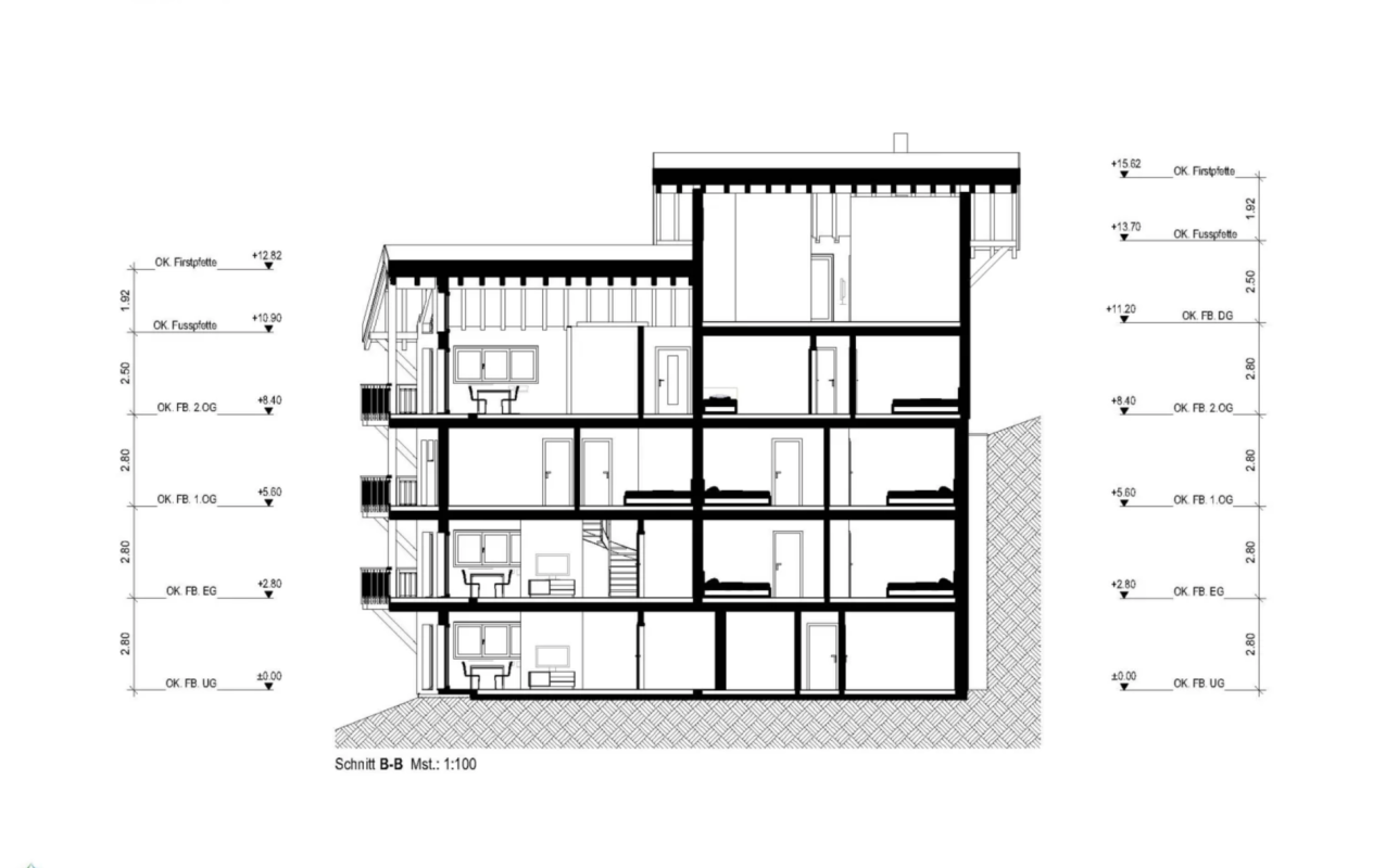 Architekturschnitt eines mehrgeschossigen Wohngebäudes