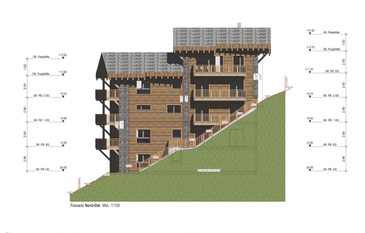 Architekturfassade eines Holzgebäudes mit Hanglage