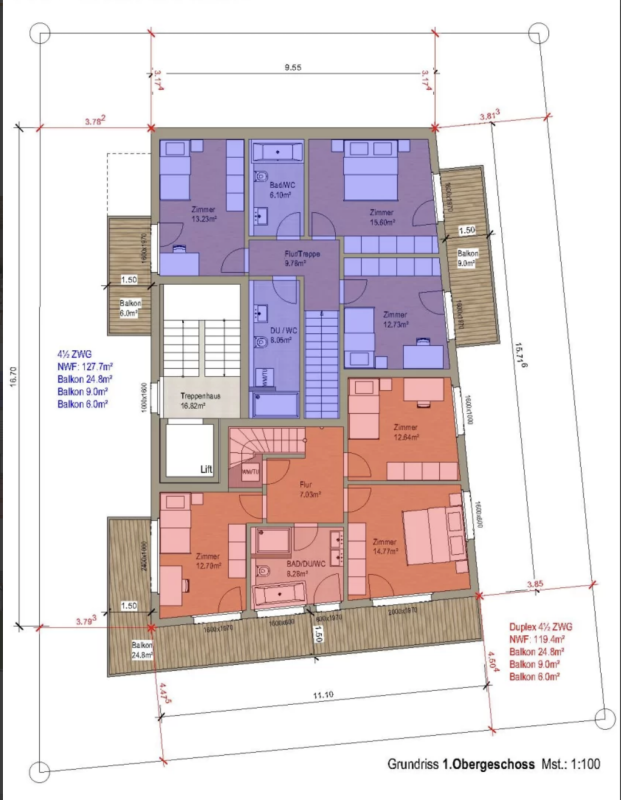 Grundriss einer Duplex-Wohnung im 1. Obergeschoss mit mehreren Zimmern und Balkonen