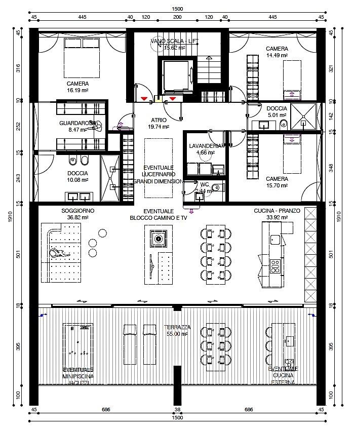 Grundriss einer großzügigen Wohnung mit Terrasse