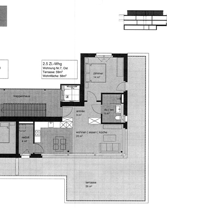Grundriss einer 2,5-Zimmer-Wohnung mit Terrasse