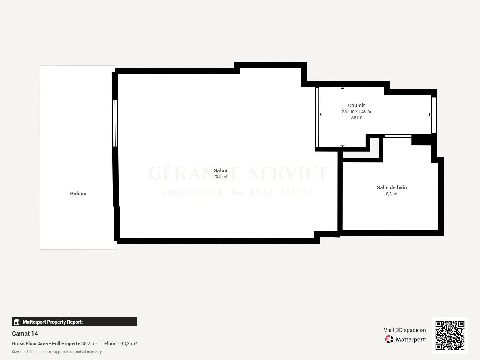 Wohnungsgrundriss mit Balkon, Salon, Flur und Badezimmer