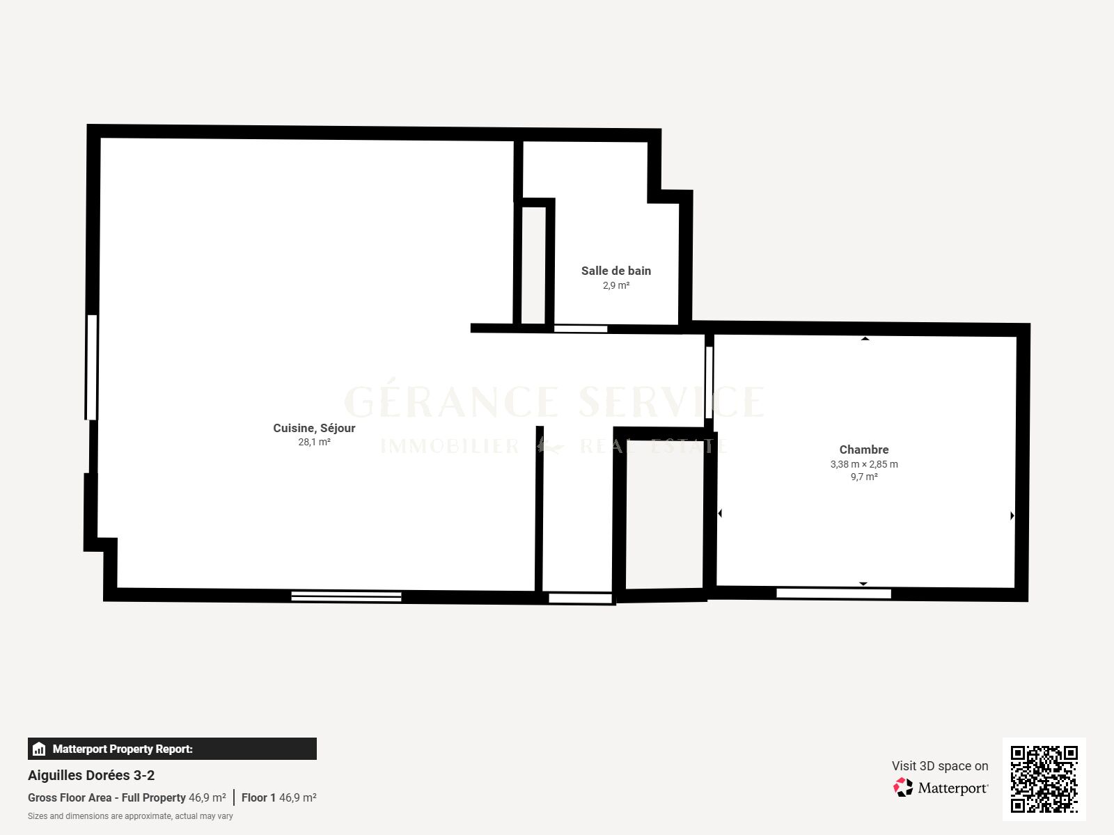 Grundriss einer Wohnung mit Küche/Wohnraum, Bad und Schlafzimmer