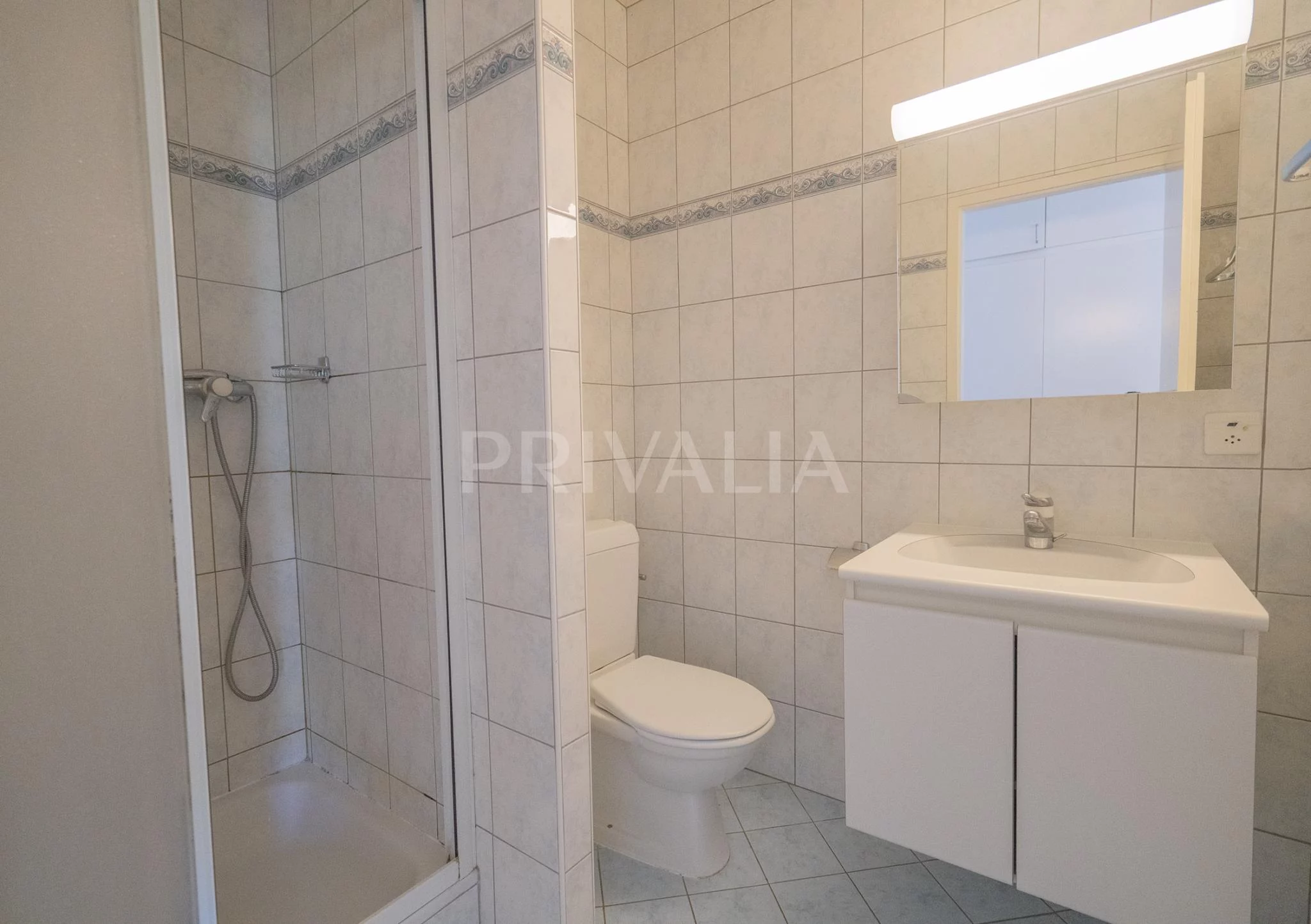 Modernes Badezimmer mit Dusche, WC und Waschtisch