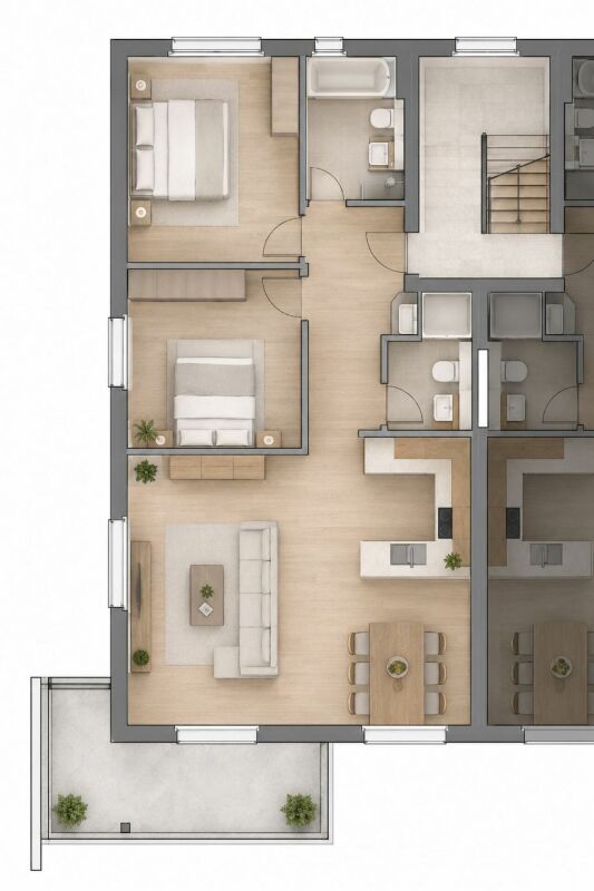 Grundriss einer Wohnung mit mehreren Zimmern und Balkon