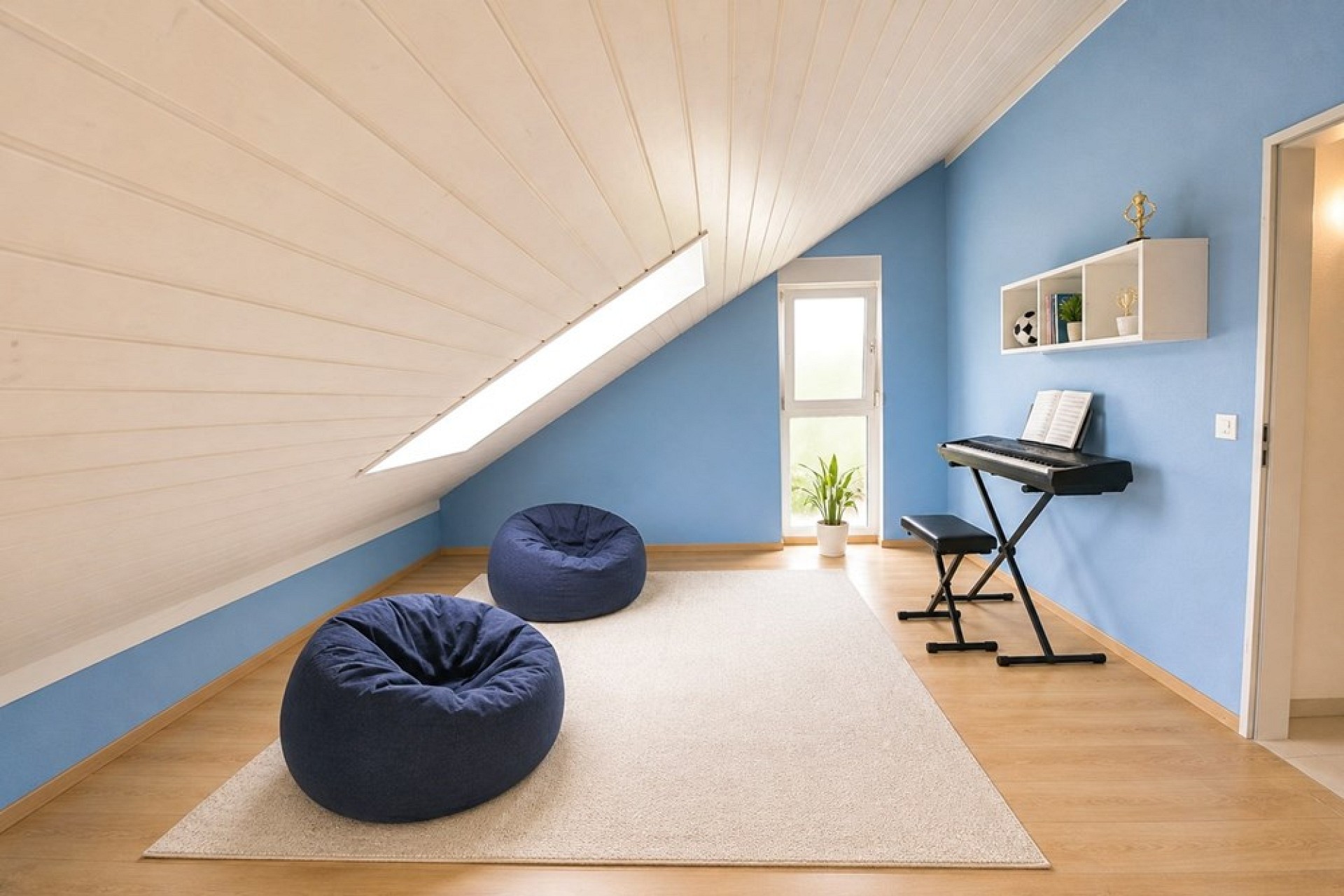 Dachzimmer mit Musik- und Sitzbereich