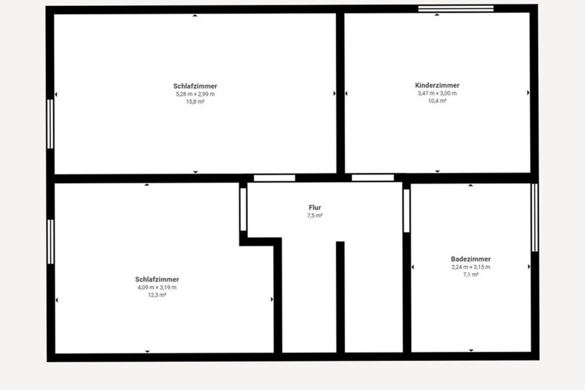 Grundriss mit drei Schlafzimmern, Kinderzimmer, Flur und Badezimmer