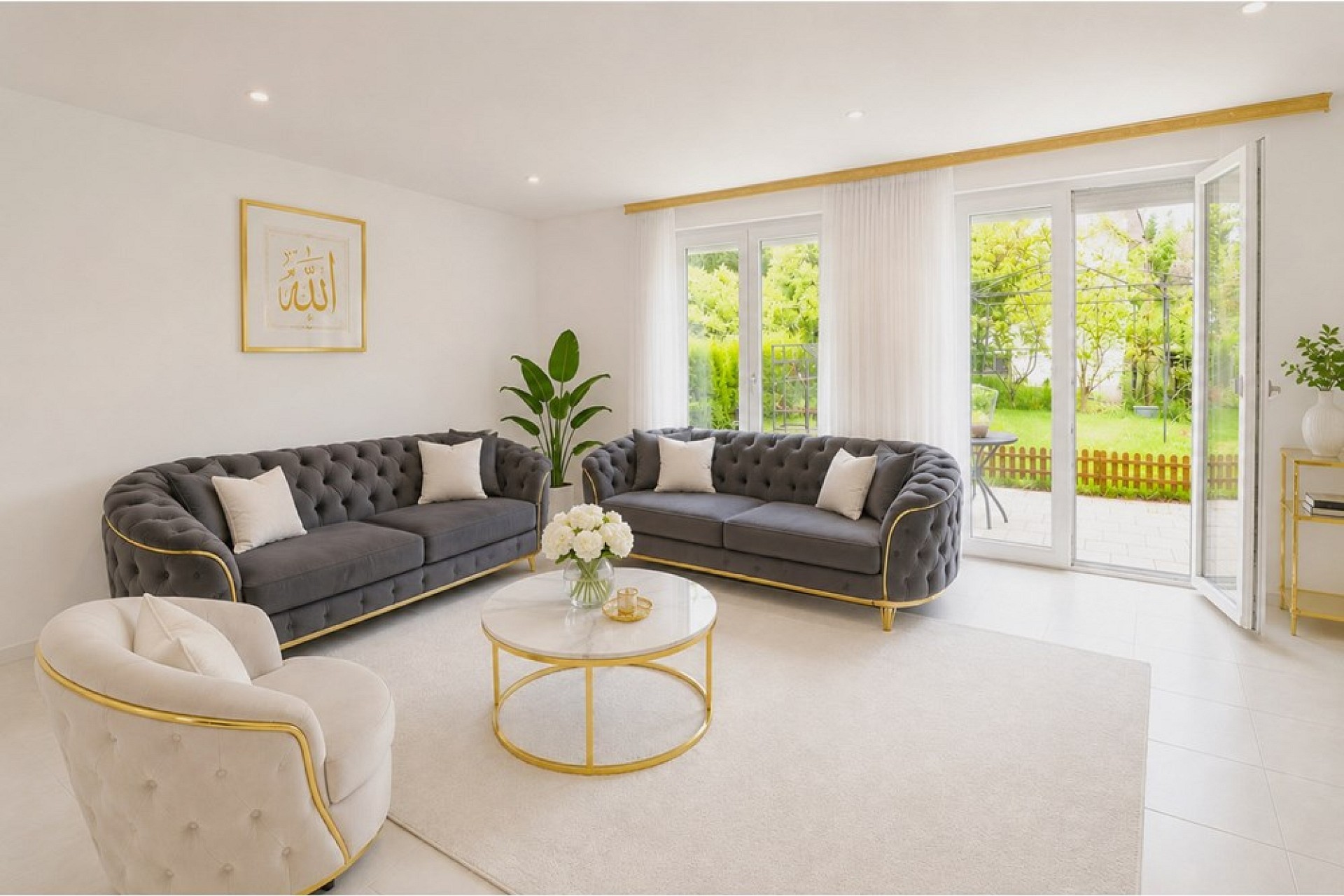 Helles, elegant eingerichtetes Wohnzimmer mit Gartenblick