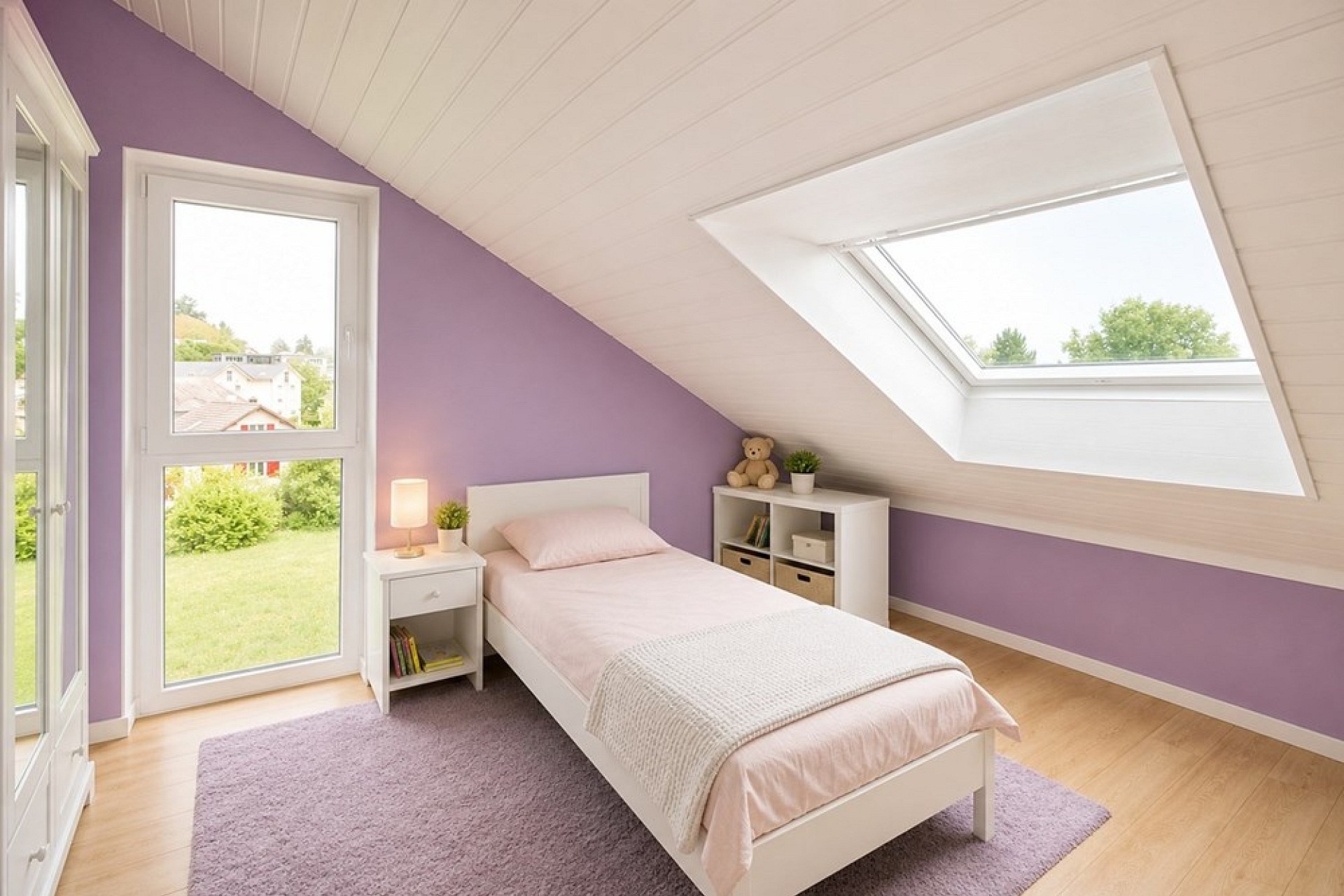 Kinderzimmer unter dem Dach mit lila Wänden