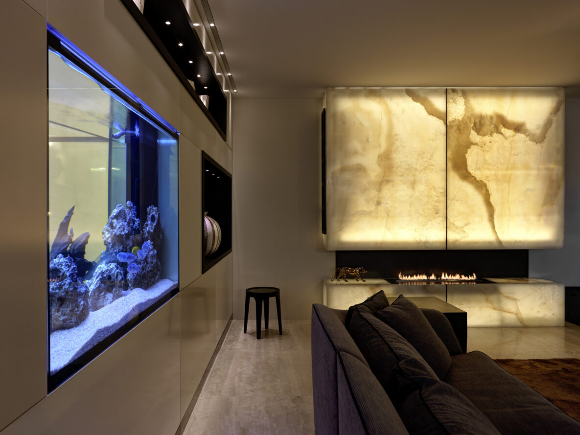Modernes Luxus-Wohnzimmer mit Aquarium und Kamin